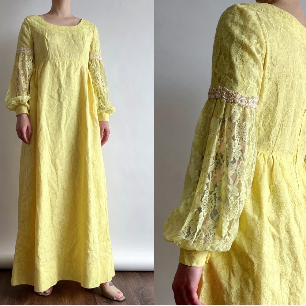 Vintage 1960s Edwardian yellow lace maxi dress with balloon sleeves & daisy trim
